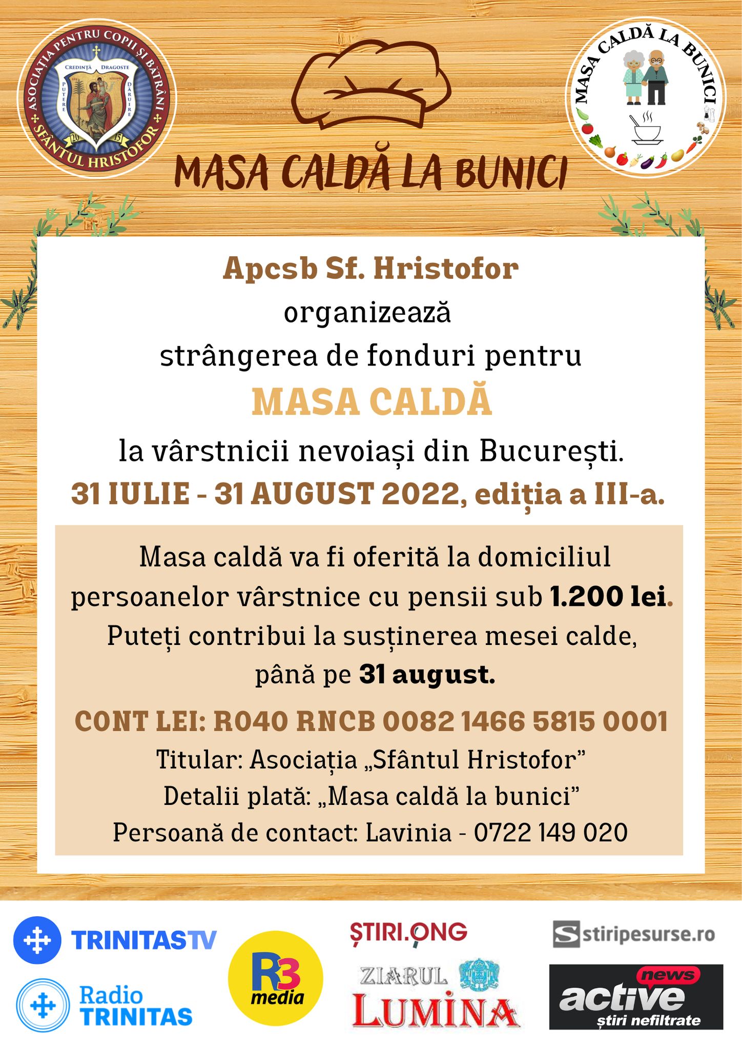Ajută-l pe Sfântul Hristofor să le ofere o masă caldă la domiciliu bunicilor săraci din București! Doar până pe 31 august